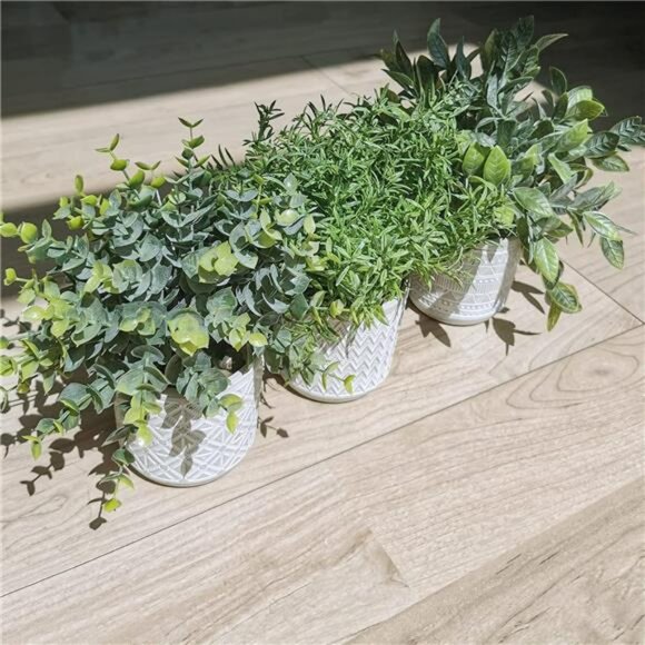 Set of 3 Small Fake Potted Plants Eucalyptus Rosemary Greenery in Ceramic Pots - Picture 6 of 7